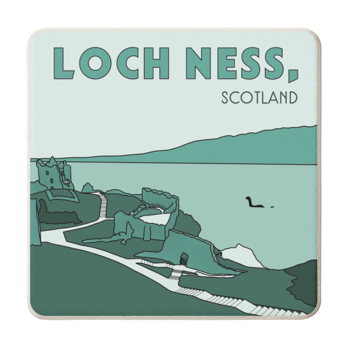Loch Ness Scotland in teal - personalised beer coaster by The Girl Next Draw