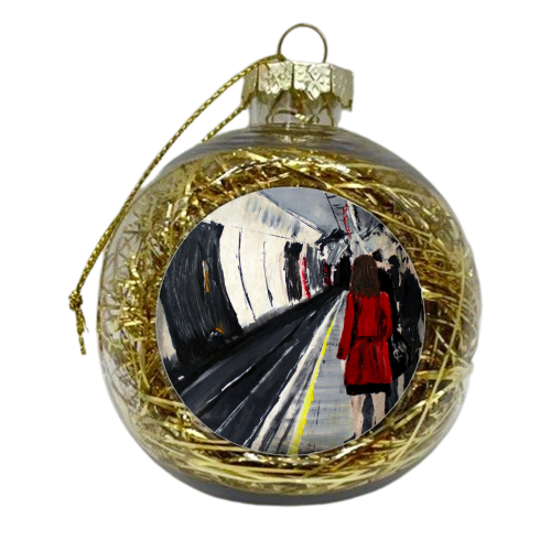 London Underground Woman With A Red Coat - xmas bauble by James Jefferson Peart