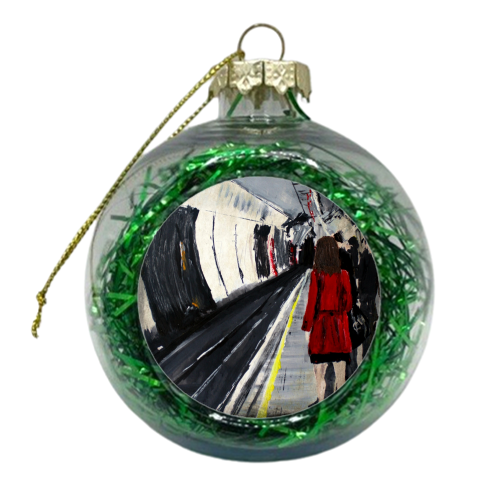 London Underground Woman With A Red Coat - xmas bauble by James Jefferson Peart