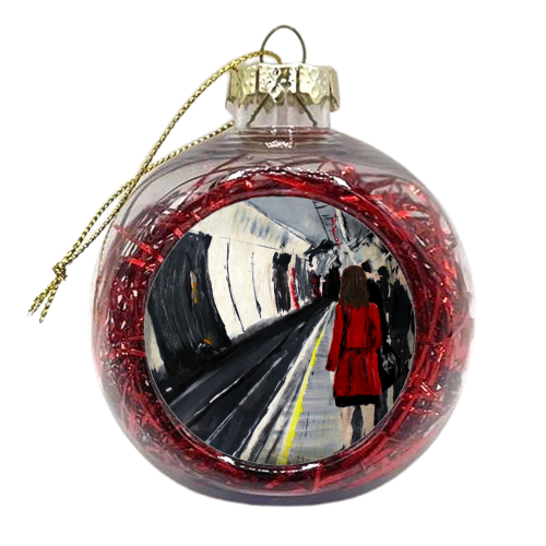 London Underground Woman With A Red Coat - xmas bauble by James Jefferson Peart
