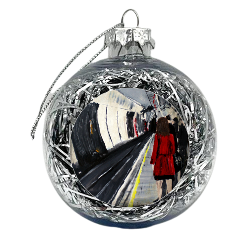 London Underground Woman With A Red Coat - xmas bauble by James Jefferson Peart