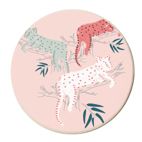 Lounging leopards - pink - personalised beer coaster by Michelle Walker