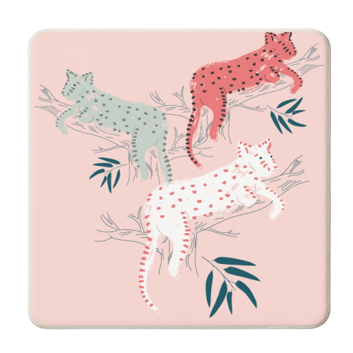 Lounging leopards - pink - personalised beer coaster by Michelle Walker