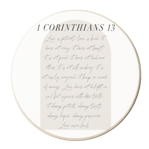 Love is patient love is kind 1 Corinthians 13 Minimal Boho Beige Arch Script - personalised beer coaster by Toni Scott