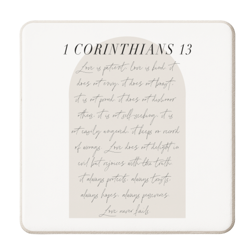 Love is patient love is kind 1 Corinthians 13 Minimal Boho Beige Arch Script - personalised beer coaster by Toni Scott