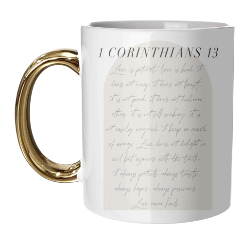 Love is patient love is kind 1 Corinthians 13 Minimal Boho Beige Arch Script - unique mug by Toni Scott