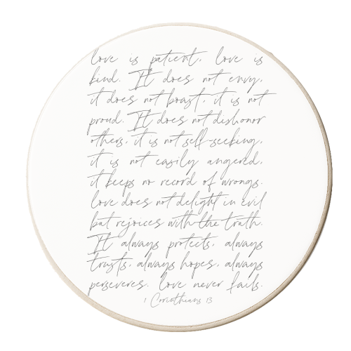 Love is patient love is kind 1 Corinthians 13 thin script full page - personalised beer coaster by Toni Scott