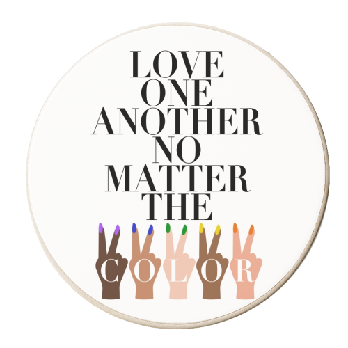 Love One Another No Matter the Color Peace Signs - personalised beer coaster by Toni Scott