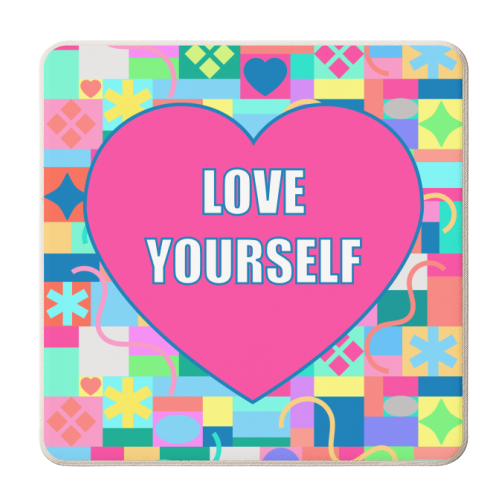Love Yourself (patterned background) - personalised beer coaster by Adam Regester