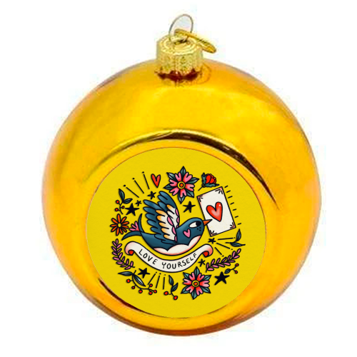 LOVE YOURSELF VINTAGE - colourful christmas bauble by Nichola Cowdery