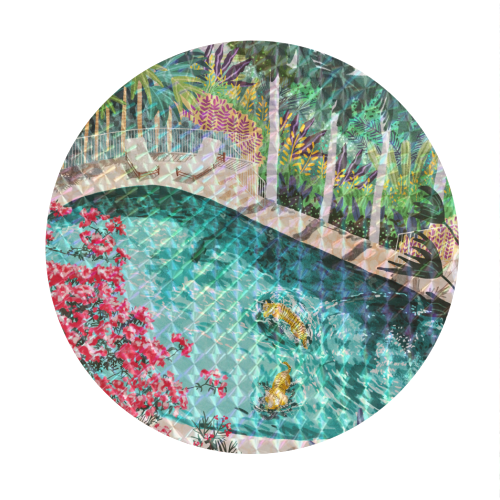 Luxury Tiger Villa illustration, Architecture Travel Nature Painting, Hotel Landscape Garden - Circle Sticker by Uma Prabhakar Gokhale