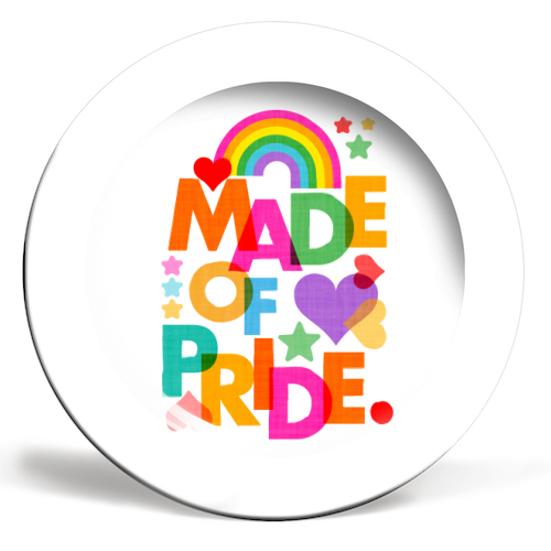 Made of Pride with with Rainbow, Hearts and Stars - ceramic dinner plate by Dominique Vari