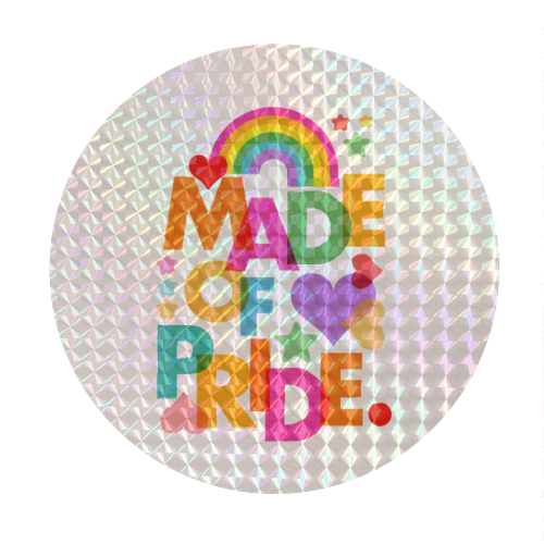 Made of Pride with with Rainbow, Hearts and Stars - Circle Sticker by Dominique Vari
