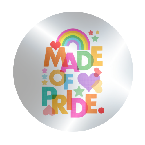 Made of Pride with with Rainbow, Hearts and Stars - Circle Sticker by Dominique Vari