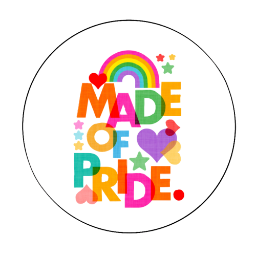 Made of Pride with with Rainbow, Hearts and Stars - Circle Sticker by Dominique Vari