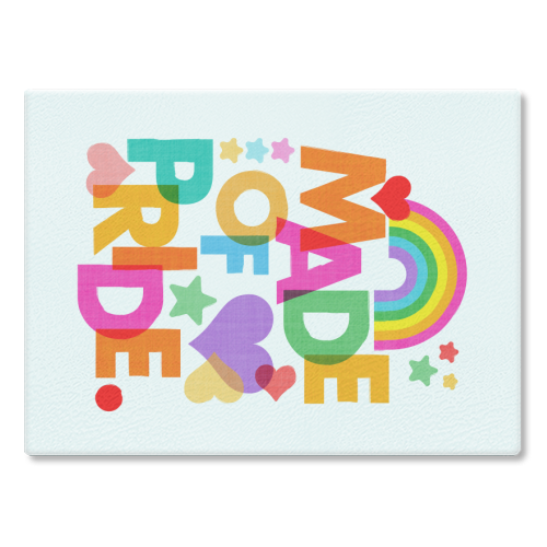 Made of Pride with with Rainbow, Hearts and Stars - glass chopping board by Dominique Vari