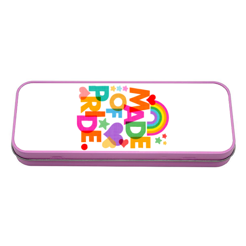 Made of Pride with with Rainbow, Hearts and Stars - tin pencil case by Dominique Vari