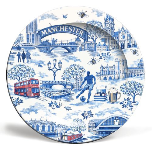 Manchester Blue Toile - ceramic dinner plate by Ms Doodle
