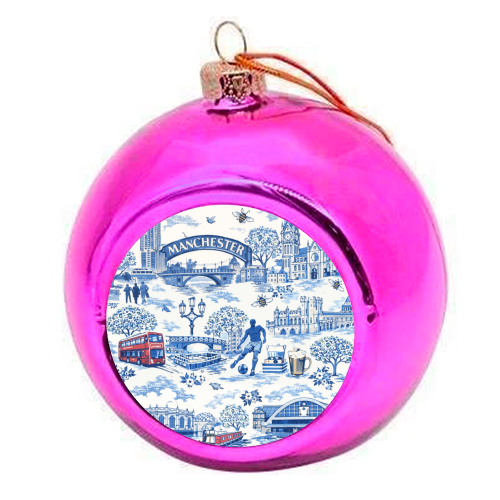 Manchester Blue Toile - colourful christmas bauble by Ms Doodle