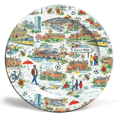 Manchester Colourful Ditsy - ceramic dinner plate by Ms Doodle