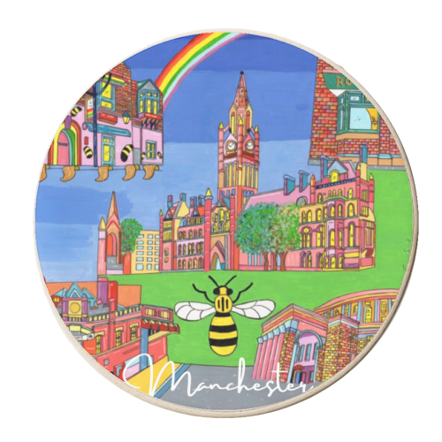Manchester in Bright Colours - personalised beer coaster by Julie Littler