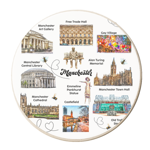 Manchester Landmarks on White - personalised beer coaster by AP