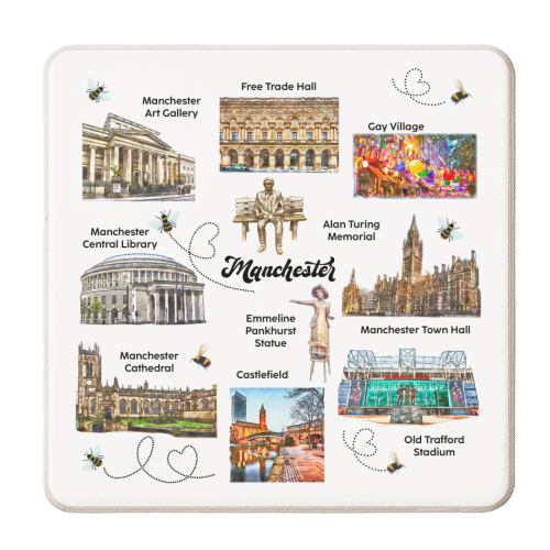 Manchester Landmarks on White - personalised beer coaster by AP
