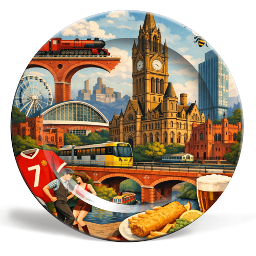 Manchester Poster - ceramic dinner plate by AP
