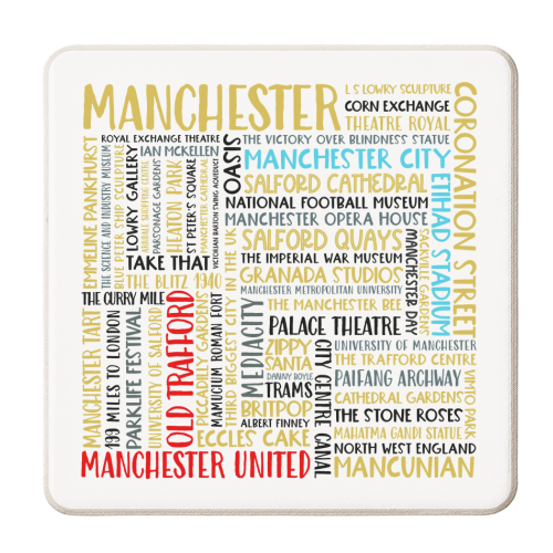 Manchester Square Design Using The Colours Of The Two Football Teams - personalised beer coaster by All About Words Designs