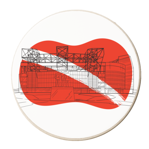 Manchester Stadium Graphic Illustration (Red Colour Pop Background) - personalised beer coaster by Adam Regester
