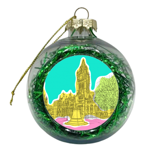 Manchester Town Hall Drawing In Bright Colours - xmas bauble by Adam Regester