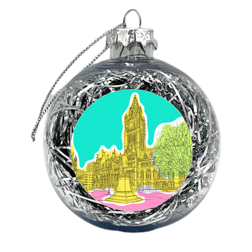 Manchester Town Hall Drawing In Bright Colours - xmas bauble by Adam Regester