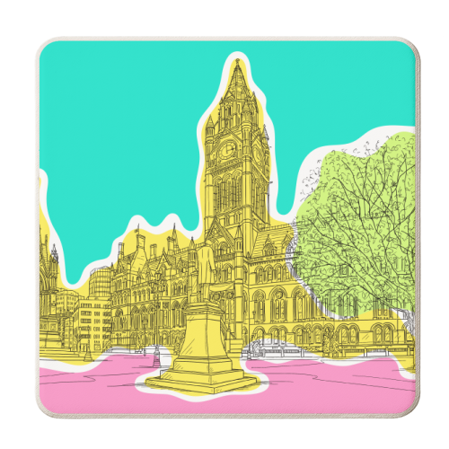 Manchester Town Hall Drawing In Bright Colours - personalised beer coaster by Adam Regester