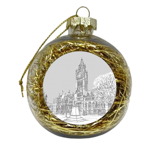 Manchester Town Hall Drawing With Pale Grey Background - xmas bauble by Adam Regester