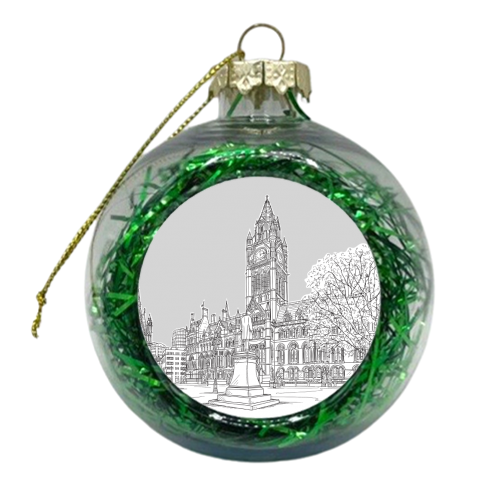 Manchester Town Hall Drawing With Pale Grey Background - xmas bauble by Adam Regester