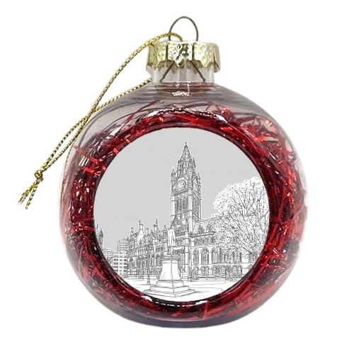 Manchester Town Hall Drawing With Pale Grey Background - xmas bauble by Adam Regester