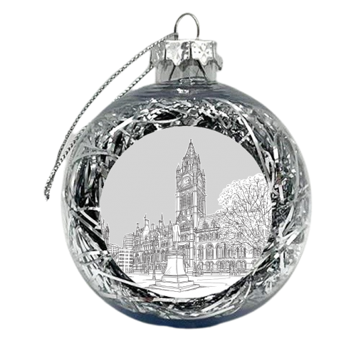 Manchester Town Hall Drawing With Pale Grey Background - xmas bauble by Adam Regester
