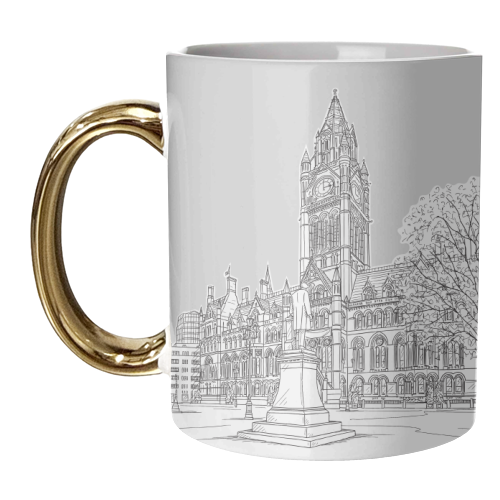 Manchester Town Hall Drawing With Pale Grey Background - unique mug by Adam Regester