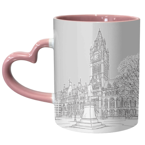 Manchester Town Hall Drawing With Pale Grey Background - unique mug by Adam Regester