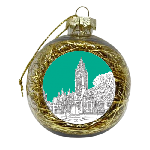 Manchester Town Hall & Surroundings Illustration With Teal Background - xmas bauble by Adam Regester