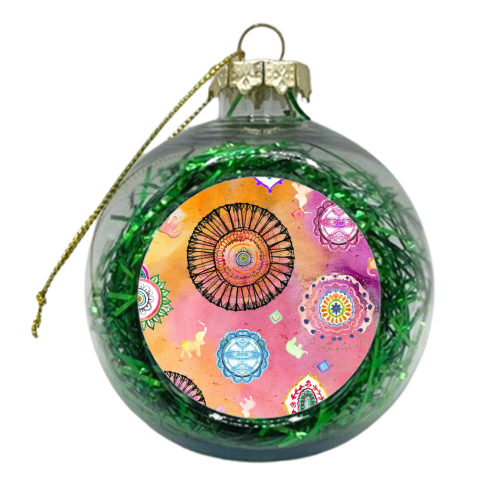 Mandala Elephants COLOUR - xmas bauble by Yaz Raja