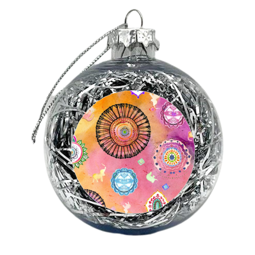 Mandala Elephants COLOUR - xmas bauble by Yaz Raja