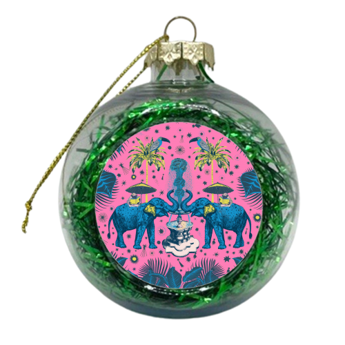 March Of The Elephants - Hot Pink & Blue - xmas bauble by Wallace Elizabeth