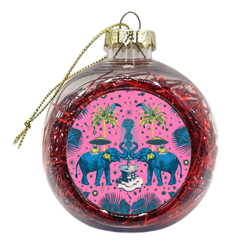 March Of The Elephants - Hot Pink & Blue - xmas bauble by Wallace Elizabeth