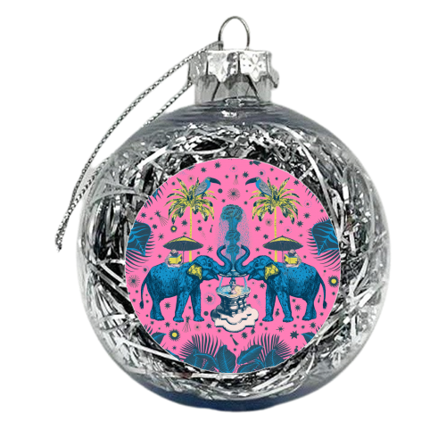 March Of The Elephants - Hot Pink & Blue - xmas bauble by Wallace Elizabeth