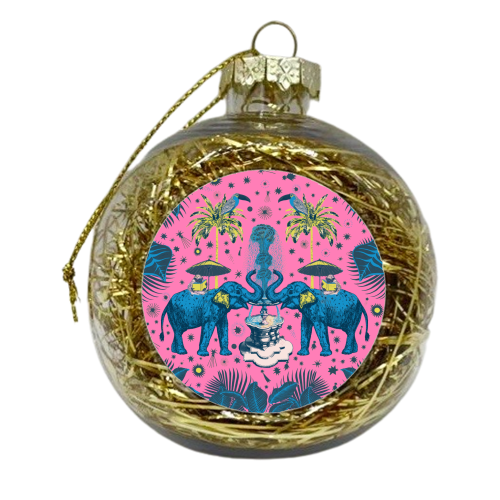 March Of The Elephants - Hot Pink & Blue - xmas bauble by Wallace Elizabeth