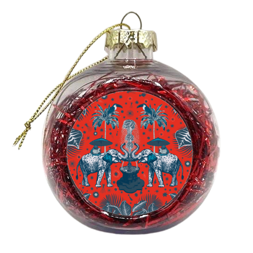 March Of The Elephants, Red & Grey - xmas bauble by Wallace Elizabeth