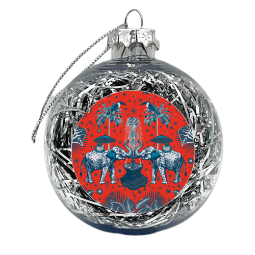 March Of The Elephants, Red & Grey - xmas bauble by Wallace Elizabeth