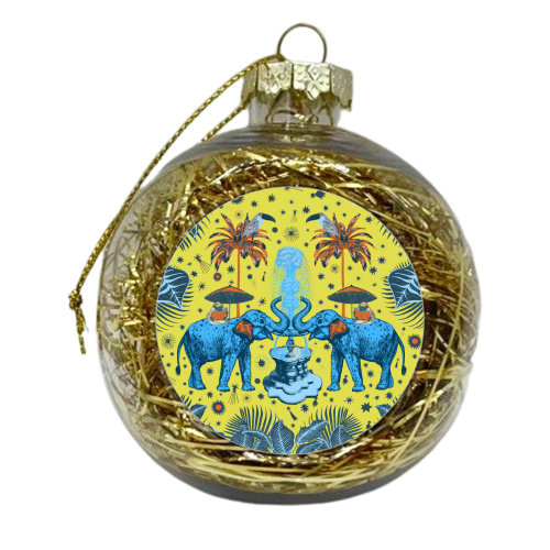 March Of The Elephants - Yellow & Blue - xmas bauble by Wallace Elizabeth
