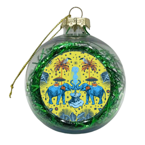 March Of The Elephants - Yellow & Blue - xmas bauble by Wallace Elizabeth